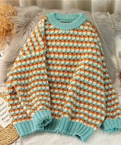 Women Sweater O Neck Pullover Chic Thicken Striped Sweaters Winter Clothes Sweet Jumper Leisure Loose Knitwear