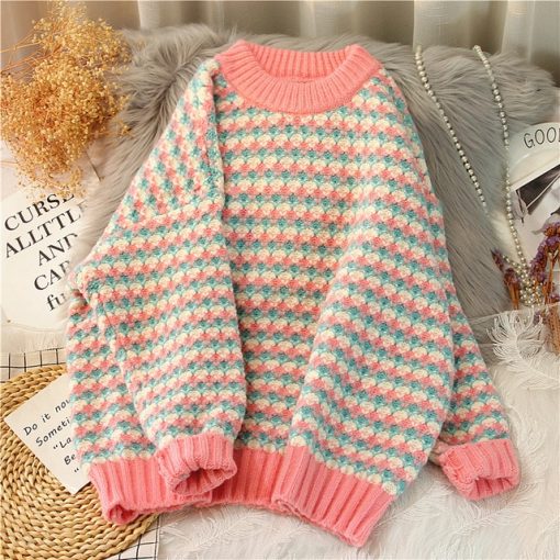 Women Sweater O Neck Pullover Chic Thicken Striped Sweaters Winter Clothes Sweet Jumper Leisure Loose Knitwear