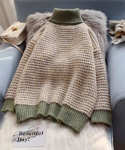 Women Sweater Thicken Weave Turtleneck Pullover Knitted Coarse Yarn Casual Loose Hong Kong Style Thick Long Sleeve Top