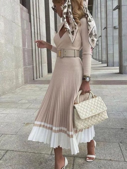 Elegant Knitted A-line Patchwork Sweater Dress Women Casual V-neck High Waist Pleated Dress Female Thick Vintage Party Dresses