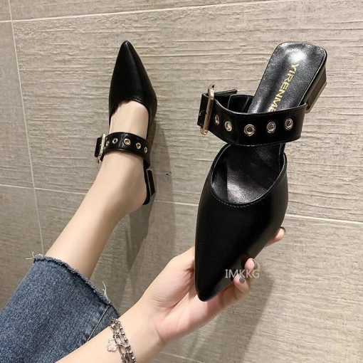 Elegant Mules Women Closed Leather Casual Slippers 2021 Woman Metal Buckle High Heels Female Pointed Toe Shoes