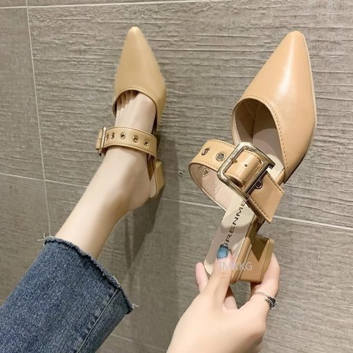 Elegant Mules Women Closed Leather Casual Slippers 2021 Woman Metal Buckle High Heels Female Pointed Toe Shoes