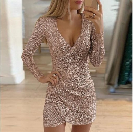 Fashion 2022 Women Sexy Sequins Glitter V-neck Mini Solid Bodycon Dresses Ladies Long Sleeve Party Club Dress Clothes Vestidos