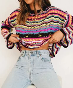 Bohemian Vintage Sweater Pullover Women Knitted Clothing Striped Slim Jumper Hollow Out Flare