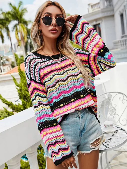 Bohemian Vintage Sweater Pullover Women Knitted Clothing Striped Slim Jumper Hollow Out Flare