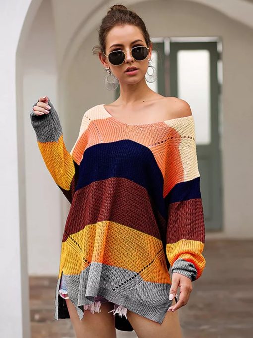 Rainbow Striped Long Sweater Femme Pull V Neck Slim Pullovers Autumn Winter Long Sleeve
