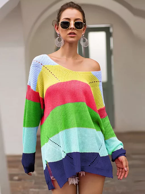 Rainbow Striped Long Sweater Femme Pull V Neck Slim Pullovers Autumn Winter Long Sleeve