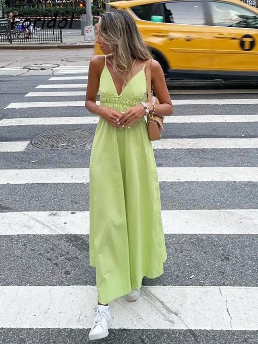Smocking Green Cotton V Neck Summer Women's Dress Sleevless Long Green Maxi Casual Strapy Dress Solid Female