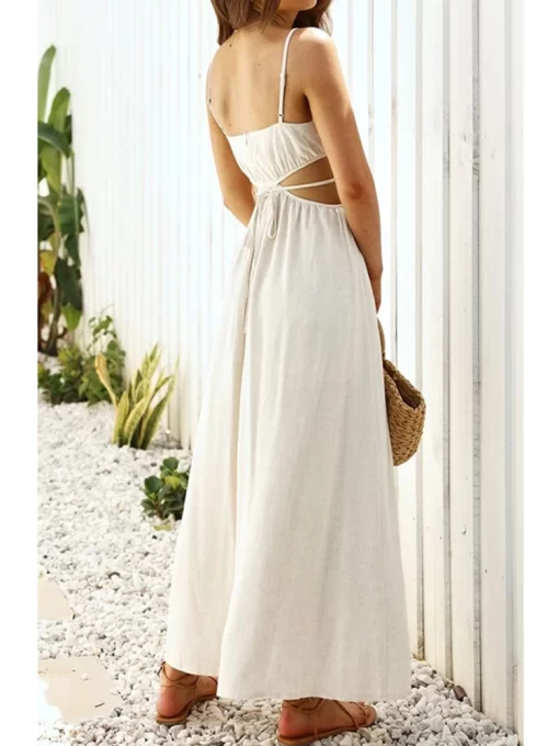 Foridol Spaghetti Strap Waist Hollow Out Beige Summer Maxi Long Dress Solid Elegant Backless Sundress Casual Women Dress 2022