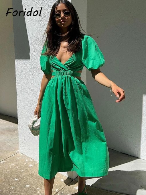 V Neck Waist Cut Out Elastic Cotton Green Dress Lantern Sleeve Backless Maxi Summer Dress Elegant Ladies Long Sundress