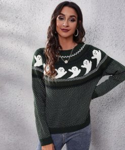 Ghost Pattern Knit Sweater WomenS Fashion Winter Warm Long Sleeve Loose Comfortable Pullover Black Girl Top Halloween Sweatshirt