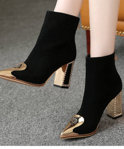 Women Pointed Toe Rivets High Heels Pumps Shoes Woman Thick Metal Heeled Rubbber Ankle Boots Floral Black Short Boots