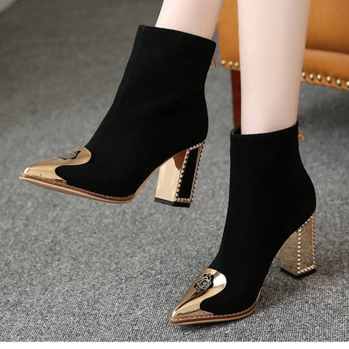 Women Pointed Toe Rivets High Heels Pumps Shoes Woman Thick Metal Heeled Rubbber Ankle Boots Floral Black Short Boots