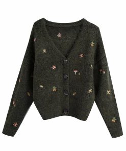 women Vintage knit cardigan with embroidery Long sleeves V-neck ribbed trims Cardigan