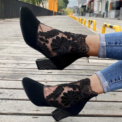 Fashion Women High Heels Lace Flower Ankle Strap Hollow Out Sandals Round Toe Zip Pumps Zapatos De Mujer Plataforma