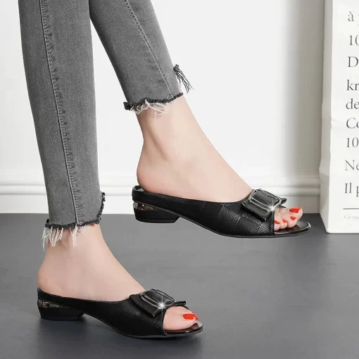 Red PU Leather Butterfly-knot Women Slippers Fashion Non-Slip Summer Sandals Elegant Peep Toe Luxury Slip On Designer Slides