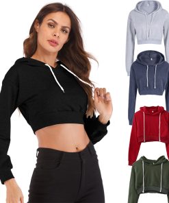 Autumn Women Solid Color Hooded Crop Tops Slim Fit Hoodies Cotton Casual Long Sleeve Autumn Pullover Outwear