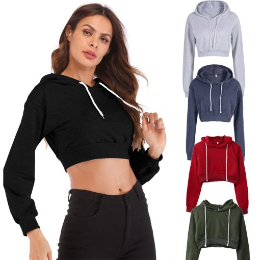 Autumn Women Solid Color Hooded Crop Tops Slim Fit Hoodies Cotton Casual Long Sleeve Autumn Pullover Outwear