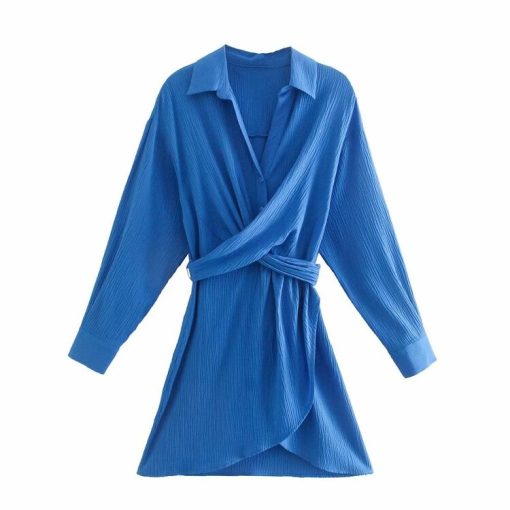 Elegant Dresses For Women 2021 Blue Long Sleeve Vintage Dress Female Casual Sashes Shirt Dress Fashion Regular Mini Dress
