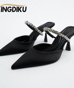 High Heel Sandals Summer 2022 New Pointed Toe Stiletto Black Sexy Ladies Sandals Rhinestone Sequins Big Size Slippers shoe woman