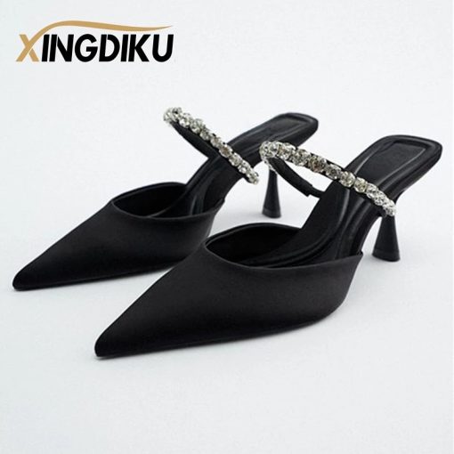 High Heel Sandals Summer 2022 New Pointed Toe Stiletto Black Sexy Ladies Sandals Rhinestone Sequins Big Size Slippers shoe woman