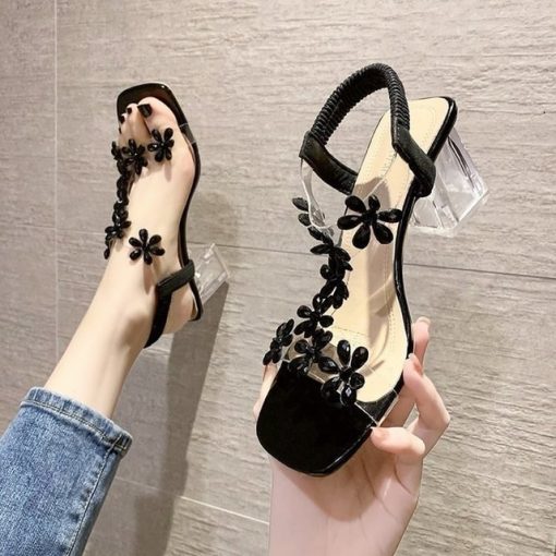 High-heeled sandals women's 2022 summer new style fashion small flower decoration buckle transparent square heel women's shoes