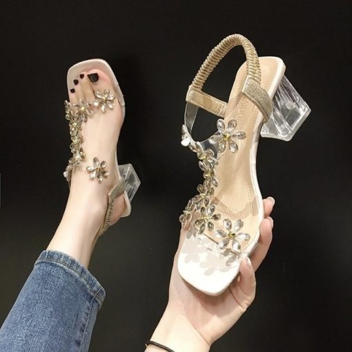 High-heeled sandals women's 2022 summer new style fashion small flower decoration buckle transparent square heel women's shoes