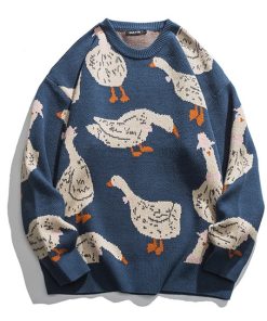 Japanese Unisex Knitted Sweater Men Cartoon Animal Duck Goose Print Pullover Harajuku Casual O-neck Oversize Top Streetwear Unisex Fall