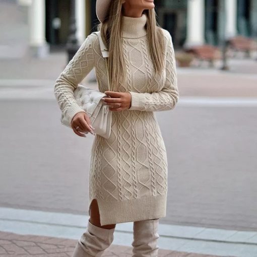 Ladies elegant autumn and winter knitted sweater dress casual ladies solid color long-sleeved high-neck split tight dress