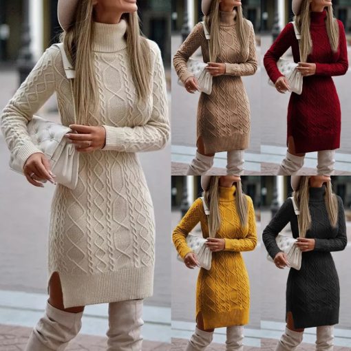 Ladies elegant autumn and winter knitted sweater dress casual ladies solid color long-sleeved high-neck split tight dress