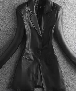 Lautaro Spring Elegant Black Light Soft Faux Leather Blazer Long Sleeve Slim Fit Luxury Women Blazers.jpg