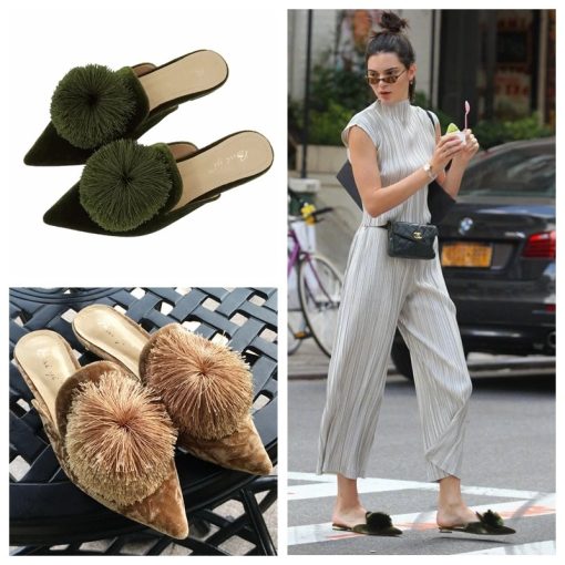 Muller Flat Pointed Slippers Furry Ball Baotou Slipper Tassel Lazy outside Holiday Slippers Women