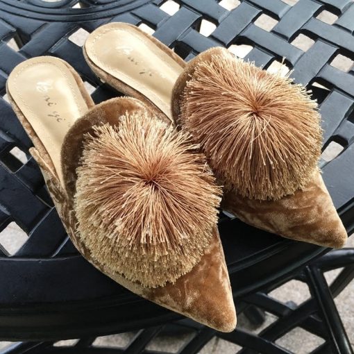 Muller Flat Pointed Slippers Furry Ball Baotou Slipper Tassel Lazy outside Holiday Slippers WomenMuller Flat Pointed Slippers Furry Ball Baotou Slipper Tassel Lazy outside Holiday Slippers Women