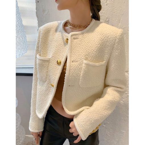 New High Quality Women Fashion Jackets Black Tweed Two Pockets Golden Buttons Elegant Coats Spring Autumn Women Clothes