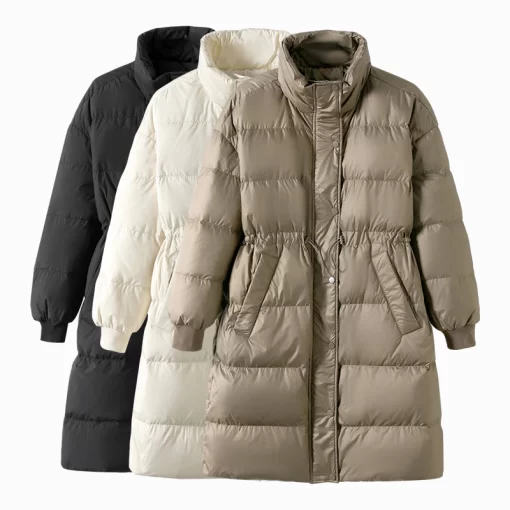 New Winter Stand Collar Long Women White Duck Down Jacket Female Loose Windproof