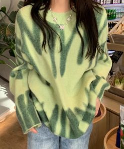 Oversized Pullovers Women Sweater Elegant Green Striped Print Winter Long Sweaters Streetwear Ladies Jumper Warm Outerwear 2022