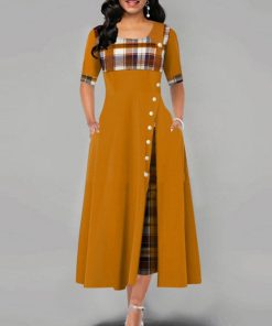 Plaid Patchwork Half Sleeve Button Long Autumn Dress Women Casual Irregular Maxi Dress Elegant Party Dress Vestidos De Mujer