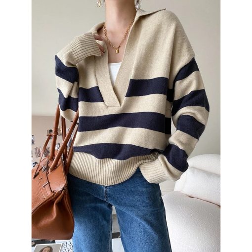 Polo 's V-neck striped sweater 2022 autumn winter new loose oversized knit pullover