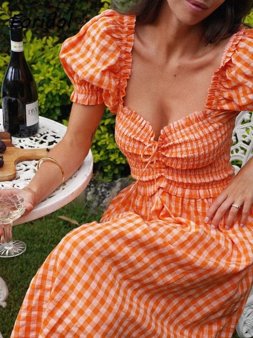 Puff Sleeve Orange Ruched Smocking Maxi Long Dress Square Collar Gingham Print Ladies Long Vestidos 2022 Summer Plaid Outfits