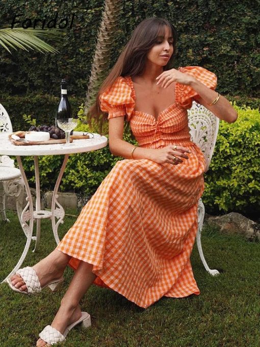 Puff Sleeve Orange Ruched Smocking Maxi Long Dress Square Collar Gingham Print Ladies Long Vestidos 2022 Summer Plaid Outfits