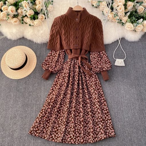 Retro Floral Printted Patchwork Knitted Long Dress Women 2021 New Lantern Sleeve Sashes Party Dress With Cape Shawl Sweater Sets