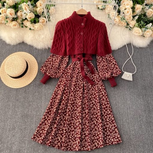 Retro Floral Printted Patchwork Knitted Long Dress Women 2021 New Lantern Sleeve Sashes Party Dress With Cape Shawl Sweater Sets