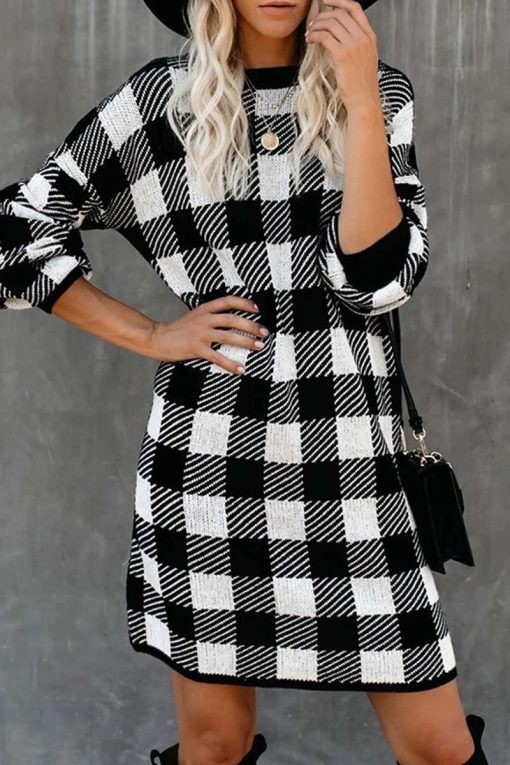 Plaid Vintage Autumn Winter Sweater Dress Casual Holiday Slim Long Jumper Knitwear Checker