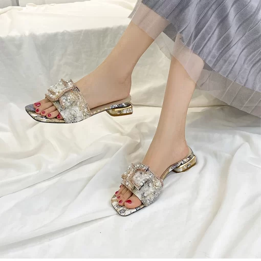 Rhinestone Women's Sandals Thick Heel Fashion Flat Bottoms Ladies Shoes Summer New Casual Square Head Outside Female Slippers