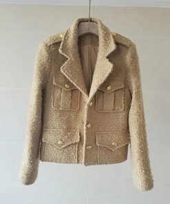 Runway Fall Winter Vintage Coffee Color Woolen Tweed Jacket Women Luxury Pocket Design Coats Female Casacos Blouse