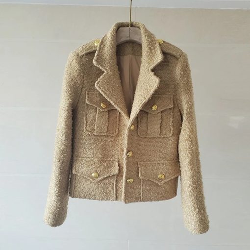 Runway Fall Winter Vintage Coffee Color Woolen Tweed Jacket Women Luxury Pocket Design Coats Female Casacos Blouse