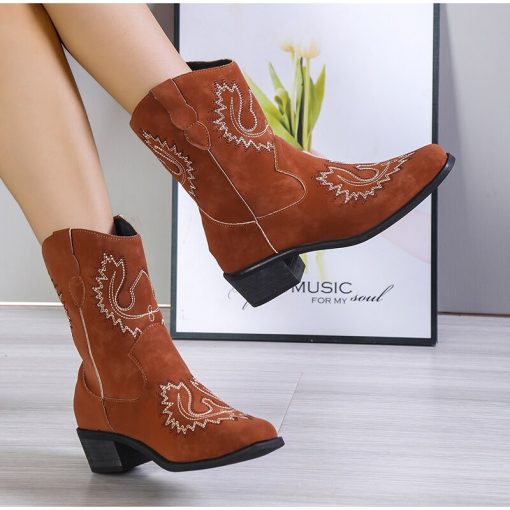 Autumn Women Knight Boots Female Pu Wedge Embroidery Mid-Calf Boot Ladies Soild Pointed Toe Slip On Casual Plus Size Footwear