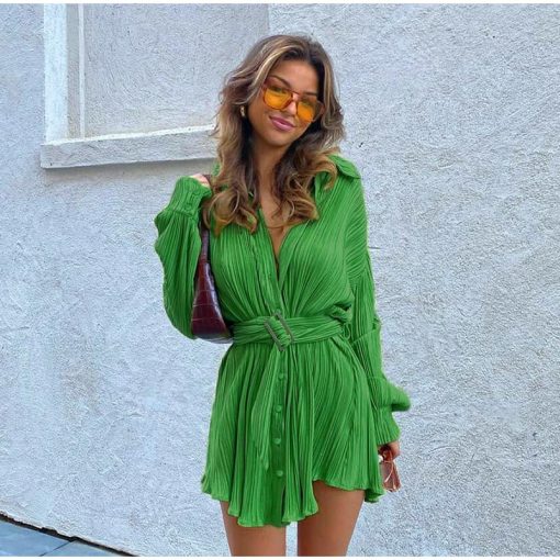 Sexy Green Pleated Women's Mini Dress Skinny Puff Sleeve Lace Up Pleated Hem Dress Female 2022 Summer Lady Party Club Vestidos