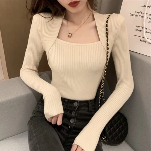 SAYTHEN 2022 Autumn Winter Women Long Sleeve Square Shawl Neckline Knitted Sexy Pull Sweater Shoulder Off.jpg 640x640 6