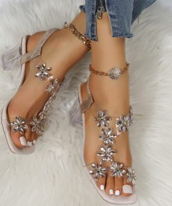 Summer Women Sandals Pvc Crystal Flower Decoration Chunky Heel Peep Toe Back Strap Elastic Band Elegant Fashion Shoes Ladies